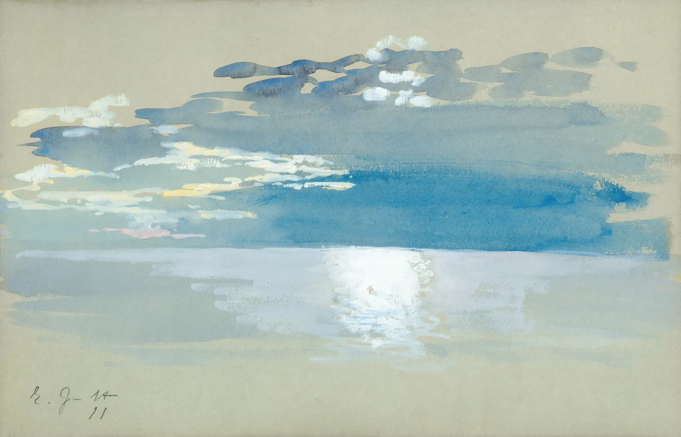 Aquarell: Mondlicht spiegelt sich auf ruhigem Wasser unter blauen Wolken